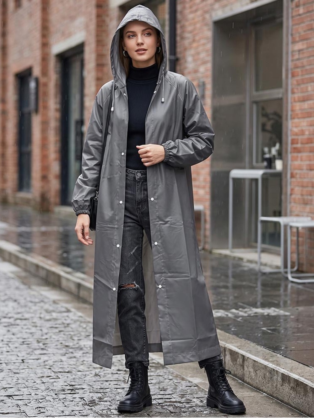 Waterproof Hooded Long Raincoat for Women - Gray